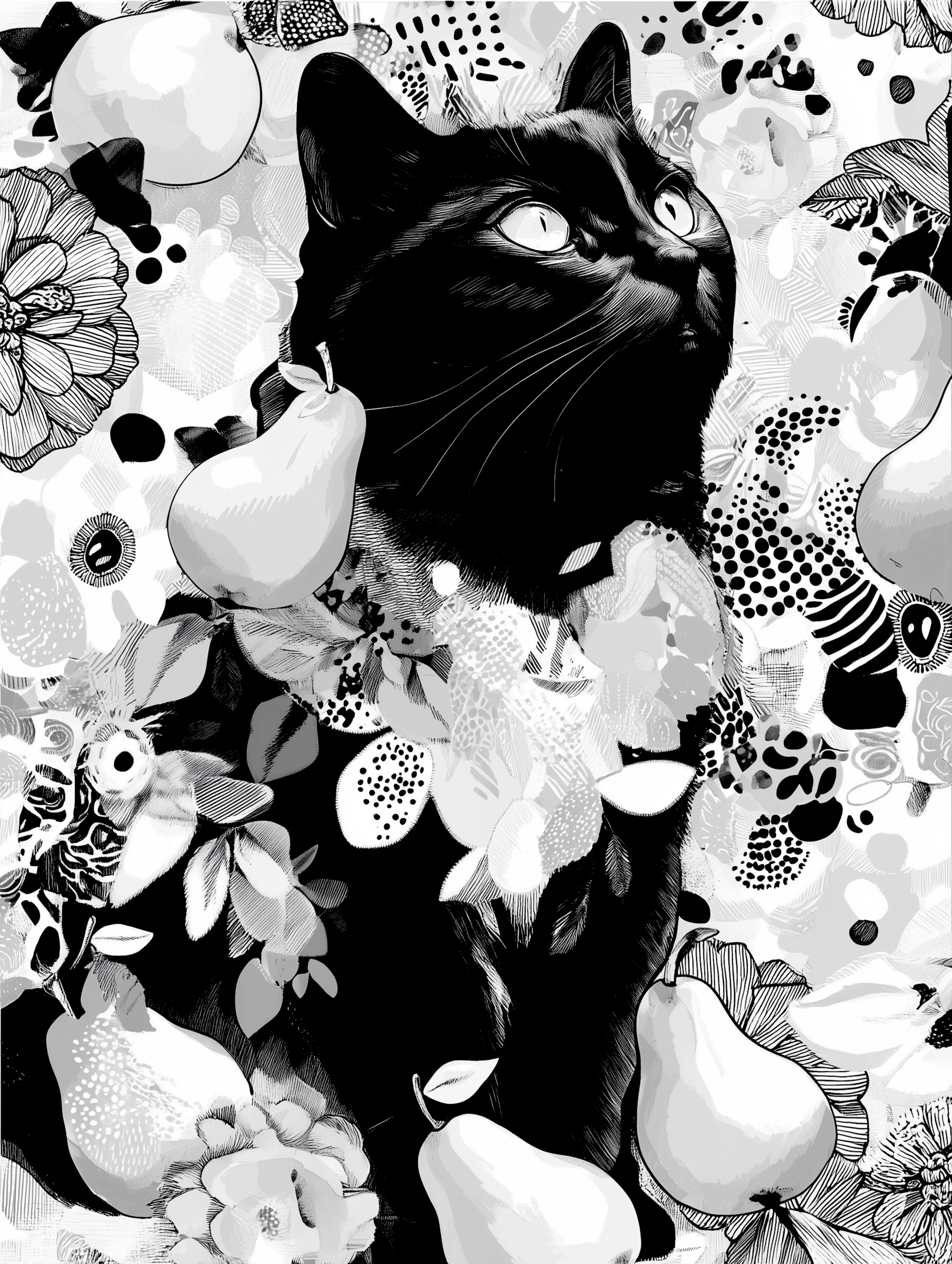 Free printable black cat coloring page for adults featuring pears and a black cat